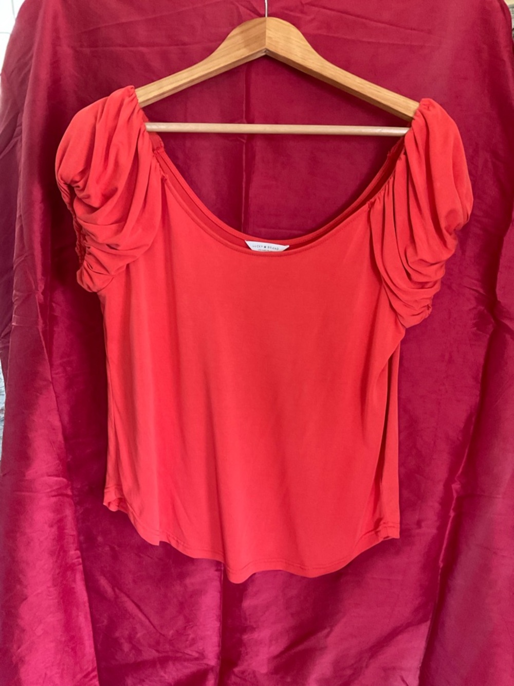 Lucky Brand Orange Scoop Neck Top with Ruched Puff Sleeves
